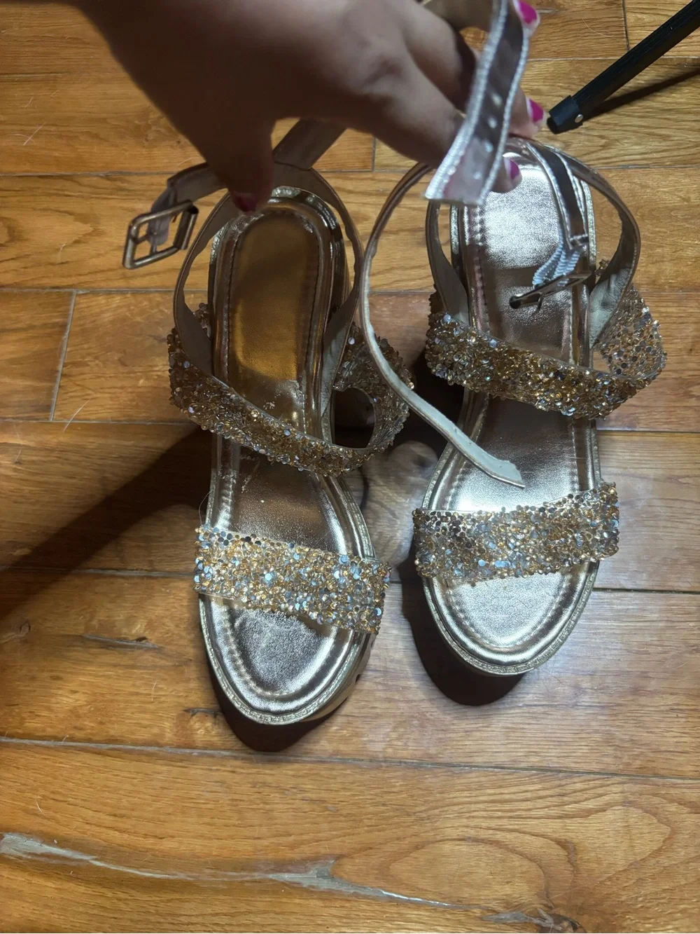 Gold Platform Beaded Strap Women's Heels